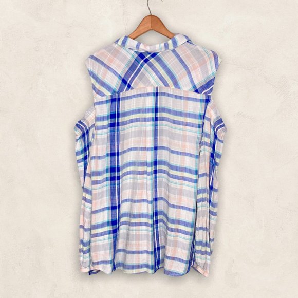 Maurices XL White Blue Plaid Check Cold Shoulder Button Down Shirt Top Boho - Picture 4 of 6